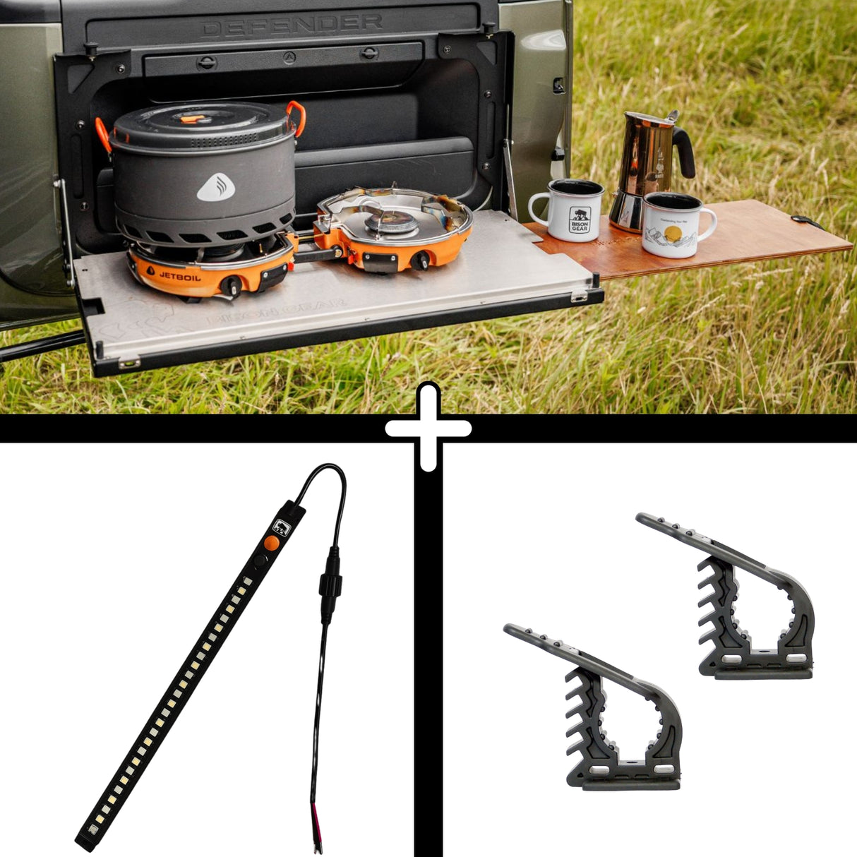 SET: Drop-Down Tailgate Table (Defender L663) + STORK Small + FitRub 32-45 mm (2-pack)-1-Bison Gear