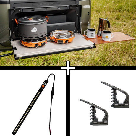 SET: Drop-Down Tailgate Table (Defender L663) + STORK Small + FitRub 32-45 mm (2-pack)-1-Bison Gear